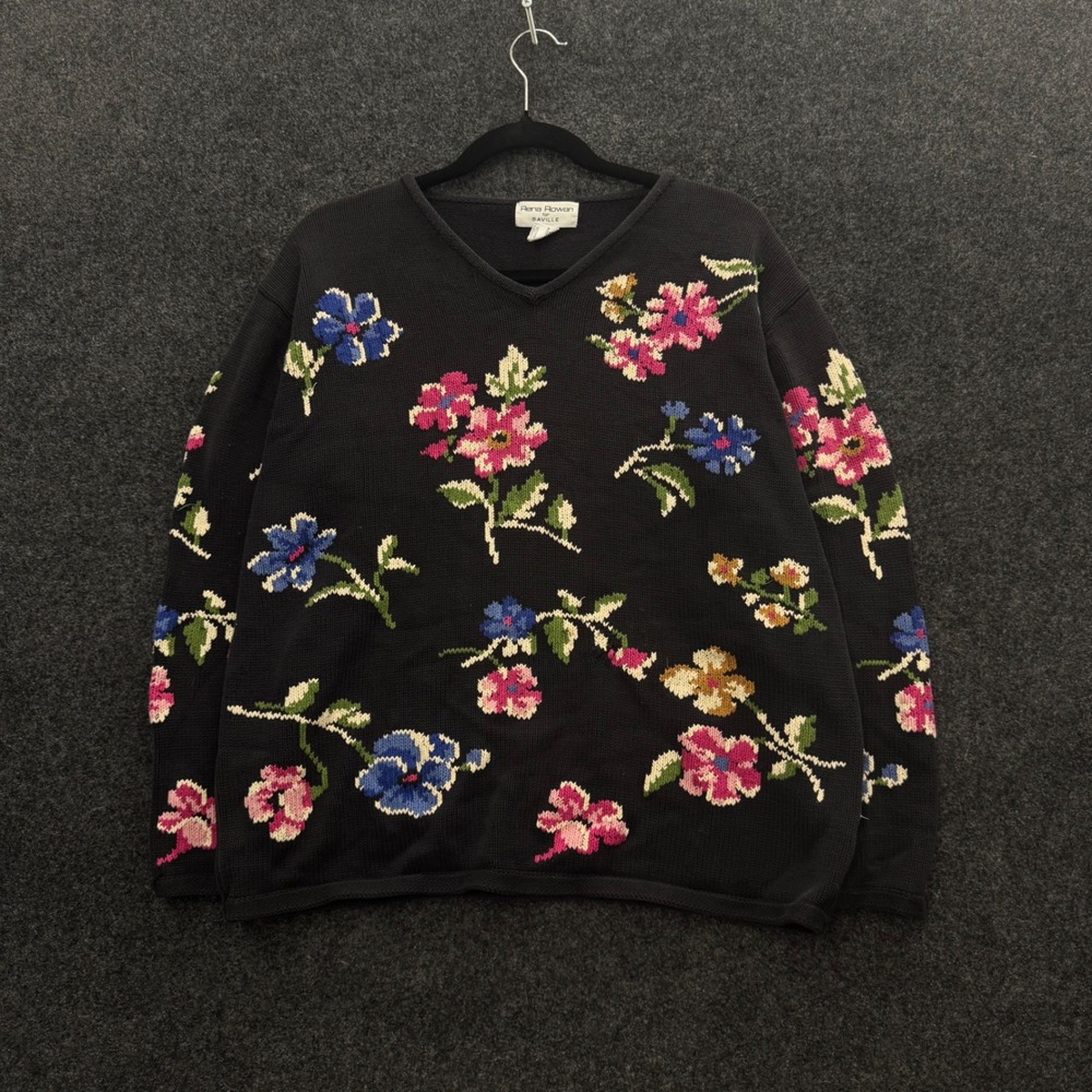 Rena Rowan for Saville Vintage 90s Floral Cotton V-Neck Sweater Black Large